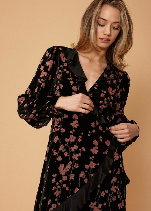 Women's Velvet Asymmetric Wrap Dress in Falling Floral