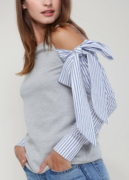 Open Shoulder Tie Sleeve Top In Heather Grey