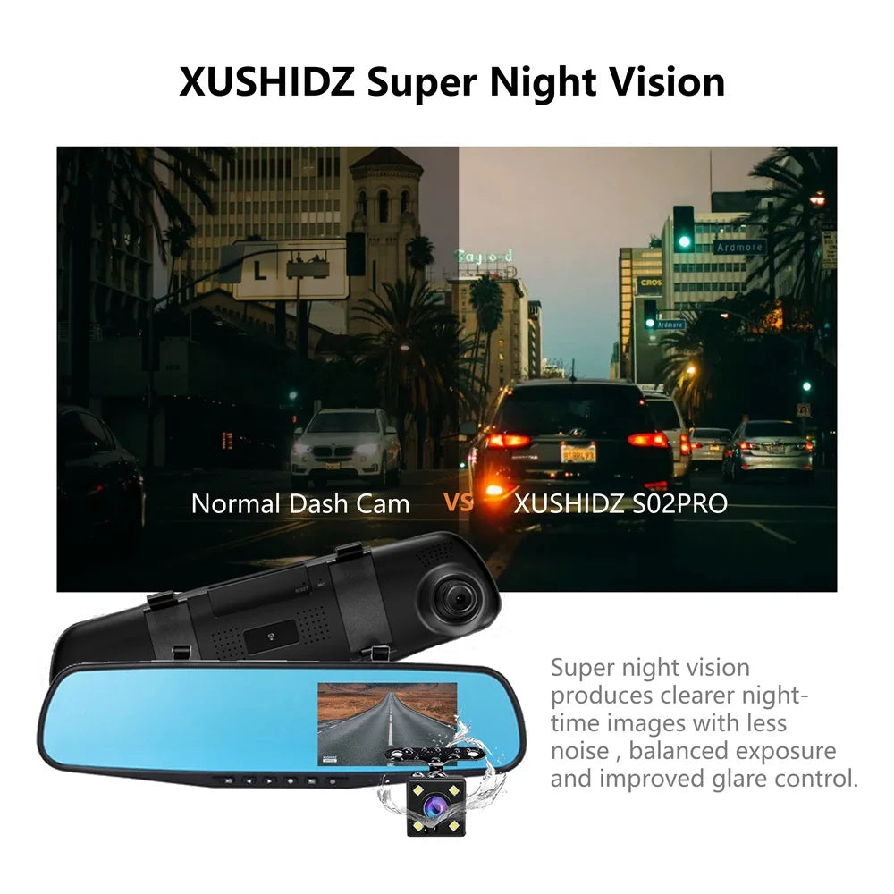 XUSHIDZ S02PRO 1080P Mirror Dash Camera Front and Rear Car Camera Dual Vehicle DVR Night Vision Dashcam Driving Video Recorder