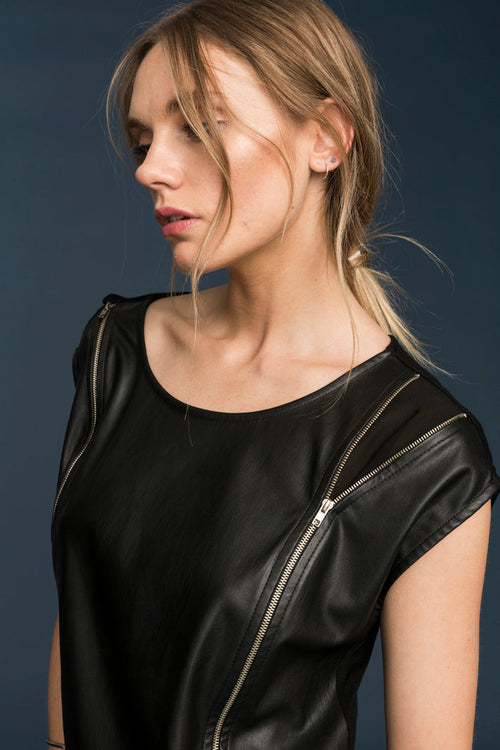 Women's Zip Shoulder Leather Front Top