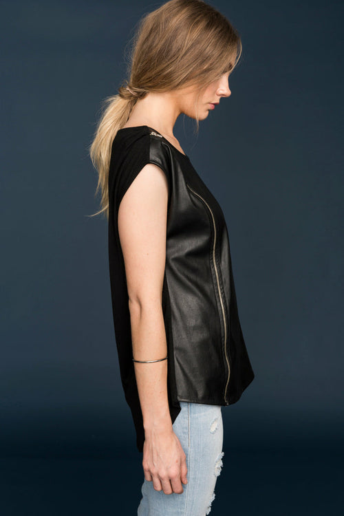 Women's Zip Shoulder Leather Front Top