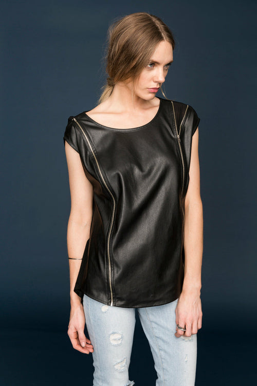 Women's Zip Shoulder Leather Front Top